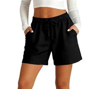 POIUIYQA Shorts Damen Sommer - Musselin Kurze Hose Leinenhose Beach Hosen Leinen Short Mit Taschen Leicht Stoffhose Kleid Stretch Gerades Bein Kordelzug Hosen