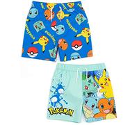 Pokemon Badeshorts 2 Pack für Jungen | Kinder Kinder Blau Squirtle Pikachu Charmander Bulbasaur Badehose Trunks | Gamer Bademode Geschenke