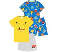 Pokemon Boys 2er-Pack Pyjamas | Kinder Gelb Pikachu Blau Bulbasaur Charmander Squirtle Charaktere T-Shirts Shorts Set | Spiel Nachtwäsche Merchandise