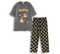 Pokémon Charizard & Pikachu Graues Grafik-T-Shirt für Herren | Kurzärmliges Oberteil mit Rundhalsausschnitt | Nachtwäsche mit Cartoon- und geometrischem Aufdruck Logo-T-Shirt