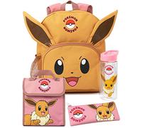 Pokemon Eevee 4-teiliges Rucksack-Set | Animierte Figur 3D-Ohren Rosa Rucksack Lunchtasche Federmäppchen Wasserflasche | Spiel Back to School Bag Geschenke