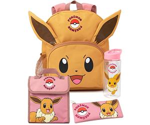 Pokemon Eevee 4-teiliges Rucksack-Set | Animierte Figur 3D-Ohren Rosa Rucksack Lunchtasche Federmäppchen Wasserflasche | Spiel Back to School Bag Geschenke