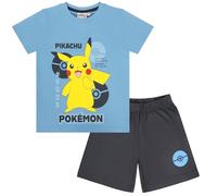 Pokémon Jungen Pyjama Set Kurzarm T-Shirt & Hose, Kinder Schlafanzug, Sommer mit Pikachu & Glumanda, Baumwolle Schlafi Nachtwäsche Outfit (DE/NL/SE/PL, Numerisch, 152, Regular, Blau-Schwarz)