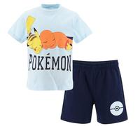 Pokémon Jungen Pyjama Set Kurzarm T-Shirt & Hose, Kinder Schlafanzug, Sommer mit Pikachu & Glumanda, Baumwolle Schlafi Nachtwäsche Outfit (DE/NL/SE/PL, Numerisch, 116, Regular, Hellblau)