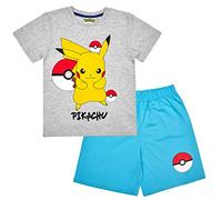 Pokémon Jungen Pyjama Set Kurzarm T-Shirt & Hose, Kinder Schlafanzug, Sommer mit Pikachu & Glumanda, Baumwolle Schlafi Nachtwäsche Outfit (DE/NL/SE/PL, Numerisch, 152, Regular, Grau)