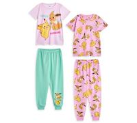 Pokémon Mädchen Pyjama Set | Kurzärmliges Oberteil mit Pikachu- und Evoli-Grafik für Kinder und Pyjamahose mit Langen Beinen in Rosa und Grün | Kinder-Nachtwäsche mit Charakter-Allover-Print