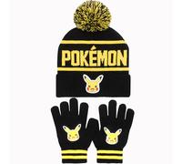 Pokemon Mütze und Handschuhe, Winterzubehör, warmes Strickset, Geschenk für Jungen, Pikachu, schwarz / gelb, Einheitsgröße