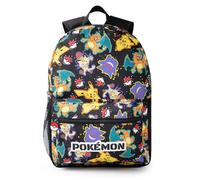 Pokémon Pikachu Charizard Gengar Meowth Rucksack in Schwarz | Kinder-Charakter-Allover-Print-Tasche | Verstellbare Schultergurte, Vordertasche und Netzhalter