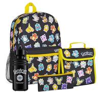 Pokemon Rucksack Kinder Set 4 Teilig Trinkflasche Federmäppchen und Lunchtasche oder Anime Geldbeutel für Schule Kita Freizeit (Schwarz/Multi 4er Set)