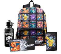 Pokemon Rucksack Kinder Set 4 Teilig Trinkflasche Federmäppchen und Lunchtasche oder Anime Geldbeutel für Schule Kita Freizeit (Multi 4er Set)