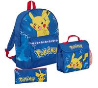 Pokemon Rucksack + Lunchtasche + Federmäppchen 3-teiliges Pikachu Schulranzen Set College Reiserucksack, blau, Rucksack