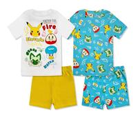 Pokémon Schlafanzug für Jungen, 4-teilig, kurze Ärmel und Shorts, Schlafanzug für den Sommer, 100 % Baumwolle, schmale Passform für Kinder, weiß / blau, 140