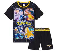 Pokemon Schlafanzug Jungen, Sommer Pyjama Set mit T-Shirt und Schlafhose Shorts (Schwarz/Gelb, 7-8 Jahre)