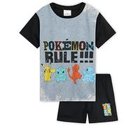 Pokemon Schlafanzug Jungen, Sommer Pyjama Set mit T-Shirt und Schlafhose Shorts (Schwarz/Grau, 13-14 Jahre)