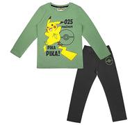 Pokemon Schlafanzug Pyjama Langarm Pikachu Junge und Mädchen Unisex (134, Grün)