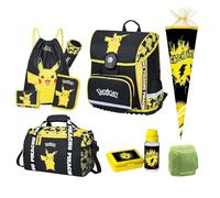 Pokémon Schulranzen Set mit großer Schultüte 85 cm, Dose, Flasche, Sporttasche für die 1. Klasse - Ergonomisch, Kompakt, 990 Gr. Leicht, 18 L Volumen, wasserdichter Boden - Schultasche mit Pikachu