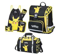 Pokémon Schulranzen Set mit großer Sporttasche für die 1. bis 4. Klasse - Ergonomisch, Kompakt, 990 Gr. Leicht, 18 L Volumen, wasserdichter Boden - Schultasche mit Pikachu Motiv - Einschulungs-Set