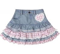 Pokn Jean Minirock Cutecore Preppy Lolita Kawaii Harajuku Y2K Jeansrock Spitze Kuchen Kleidung, Blau, Klein