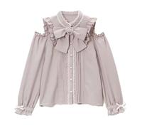 Pokn Jirai Kei Lolita Fashion Cutecore Kleidung Kawaii Bekleidung Bluse Goth Shirt Damen Spitzen Mesh Durchsichtig Langarm Bluse, Pink, Klein