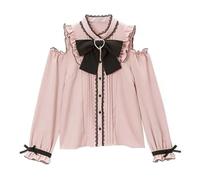 Pokn Jirai Kei Lolita Fashion Cutecore Kleidung Kawaii Bekleidung Bluse Goth Shirt Damen Spitzen Netz Durchsichtig Langarmbluse, schwarz / rosa, M