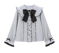 Pokn Jirai Kei Lolita Mode Cutecore Kleidung Kawaii Kleidung Bluse Goth Shirt Frauen Spitze Mesh Sheer Langarm Bluse, Blau, M