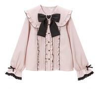 Pokn Jirai Kei Lolita Mode Cutecore Kleidung Kawaii Kleidung Bluse Goth Shirt Frauen Spitze Mesh Sheer Langarm Bluse, Schwarz-Rosa-2, Small