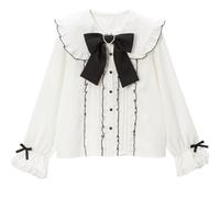Pokn Jirai Kei Lolita Mode Cutecore Kleidung Kawaii Kleidung Bluse Goth Shirt Frauen Spitze Mesh Sheer Langarm Bluse, Weiß-2, Medium