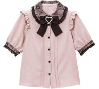 Pokn Lolita Fashion Jirai Kei Fashion Damen Lolita Bluse Spitze Kurze Puffärmel Shirt Gothic Kawaii Rüschen Top mit Schleife, Pink, Groß