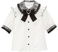 Pokn Lolita Fashion Jirai Kei Fashion Damen Lolita Bluse Spitze Kurze Puffärmel Shirt Gothic Kawaii Rüschen Top mit Schleife, Weiss/opulenter Garten, Groß