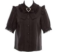 Pokn Lolita Fashion Jirai Kei Fashion Damen Lolita Bluse Spitze Kurze Puffärmel Shirt Gothic Kawaii Rüschen Top mit Schleife, Schwarz, Groß