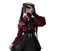 Pokn Lolita Shirts Jirai Kei Mode Kawaii Kleidung Goth Shirts Frauen Spitze Mesh Sheer Langarm Bluse, Rot/Ausflug, einfarbig (Getaway Solids), Mittel