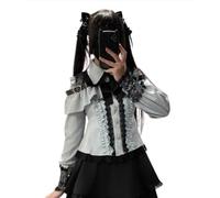 Pokn Lolita Shirts Jirai Kei Mode Kawaii Kleidung Goth Shirts Frauen Spitze Mesh Sheer Langarm Bluse, Blau, Klein