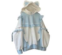 Pokn Tenshi Kawaii Hoodies Jirai Kei Fashion Cute Cat Ears Clothes Oversized Zip Up Hoodie Gothic Top, Blau, Groß