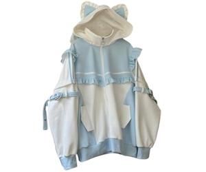 Pokn Tenshi Kawaii Hoodies Jirai Kei Fashion Cute Cat Ears Clothes Oversized Zip Up Hoodie Gothic Top, Blau, Mittel