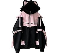 Pokn Tenshii Kapuzenpullover Kawaii Jirai Kei Mode Süße Katzenohren Oversize Reißverschluss Gothic Top, Rosa, Large