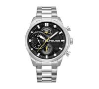 POLICE Reactor Schwarzes Zifferblatt Silbernes Edelstahlarmband Multifunktionsuhr für Herren, 44mm