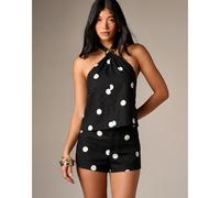 Polka-Dot-Halterneck-Top mit Goldring-Detail und Bindeverschluss am Rücken, Sommerurlaubs-Stil