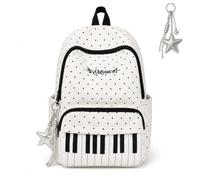 Polka Dot Piano Backpack, Nylon Daypack for Women, Work and Travel (White) | Whimsical black and white design with roomy pockets, adjustable straps and space for most 14-inch laptops