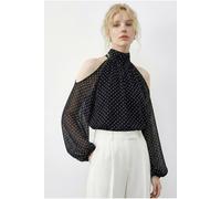 Polka-Dots Chiffon-Turtleneck-Bluse mit Ausschnitt L