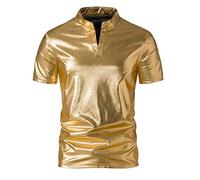 Polo Shirts Herren Glänzende Metallic, Glitzer Hemd Silber Gold Glänzende Satin Oberteil Kurzarm Freizeit Hemden Mode Clubwear 70er Jahre Disco-Stil Herrenhemd Karneval Party