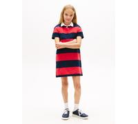 Polokleid TOMMY HILFIGER "RUGBY POLO DRESS SHORT SLEEVE", Mädchen, Gr. 16 (176), N-Gr, rot (schwarz night navy stripes), Piqué, Obermaterial: 100% Baumwolle, gestreift, regular fit kurz, abgesteppte K