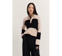 Polokragenpullover BUGATTI "gestreift", Damen, Gr. XL, beige (50, beige), 40% Wolle, 30% Viskose, 20% Polyamid, 10% Kaschmir, gestreift, normal, Rippbündchen, Pullover, aus einem Kaschmir-Mix mit Knop