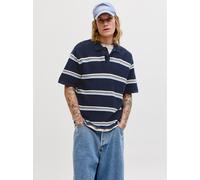 Polokragenpullover JACK & JONES "JORMAINE KNIT STRIPE POLO SN", Herren, Gr. M, blau (sky captain), Strick, Obermaterial: 100% Baumwolle, gestreift, relaxed fit normal, Rundhals, Pullover, Baumwolle, r