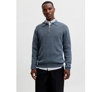 Polokragenpullover JACK & JONES "JPRBLAMILANO STITCH KNIT ZIP POLO SN", Herren, Gr. L, grau (turbulence detail:melange), Strick, Obermaterial: 100% Baumwolle, meliert, relaxed fit normal, Rundhals, ge
