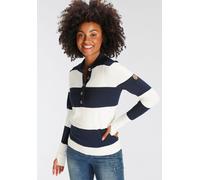 Polokragenpullover KANGAROOS, Damen, Gr. 44/46, blau (marine, sanftes weiß), Feinstrick, Obermaterial: 50% Baumwolle, 50% Polyacryl, gestreift, kontrastfarbene Details, figurumspielend hüftbedeckend,
