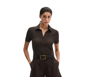 Polokragenpullover MARC O'POLO "aus edlem Viskose-Leinen-Mix", Damen, Gr. L, burnt coffee, Obermaterial: 73% Viskose, 14% Polyester, 13% Leinen, unifarben, Pullover (32894432-L) burnt coffee