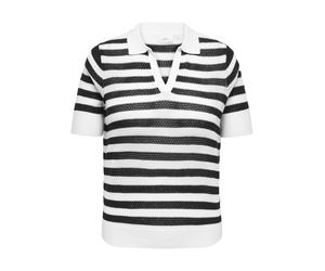 Polokragenpullover ONLY CARMAKOMA "CARDIANA SS POLO PULLOVER KNT", Damen, Gr. S, cloud dancer stripes:schwarz, Strick, Obermaterial: 50% Baumwolle, 50% Polyacryl, gestreift, normal, V-Ausschnitt, Pull