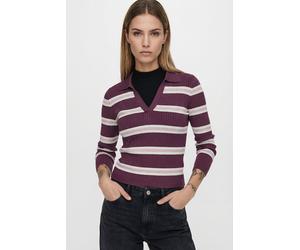 Polokragenpullover ONLY "ONLKAYA LIFE LS STRIPE POLO NOOS KNT", Damen, Gr. S, grape wine stripes:cloud dancer, pale lila, Strick, Obermaterial: 70% Viskose, 30% Nylon, gestreift, regular fit normal, V