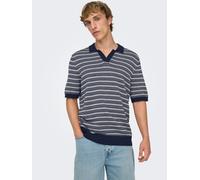 Polokragenpullover ONLY & SONS "ONSTILO REG SS SPLIT NECK KNIT NOOS", Herren, Gr. M, schwarz sapphire detail:gardenia, Strick, Obermaterial: 100% Baumwolle, gestreift, regular fit normal, V-Ausschnitt