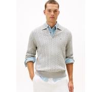 Polokragenpullover TOMMY HILFIGER "CLASSIC COTTON CABLE", Herren, Gr. M, grau (light grau heather), Strick, Obermaterial: 100% Baumwolle, regular fit, Rippbündchen, Pullover, mit Zopfmuster, regular f